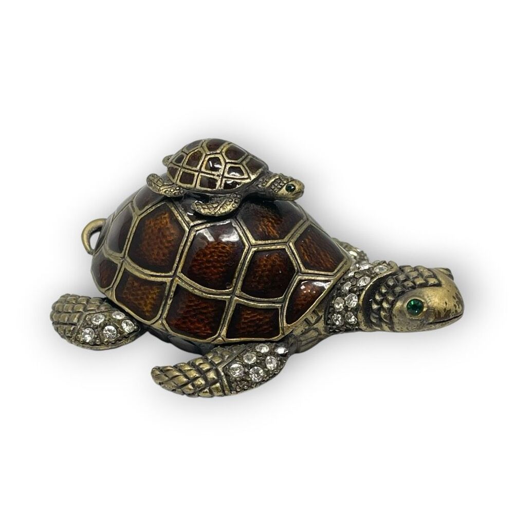 Sea Turtle & Baby Rhinestone Enamel Metal Trinket Pill Ring Box Hinged Magnetic